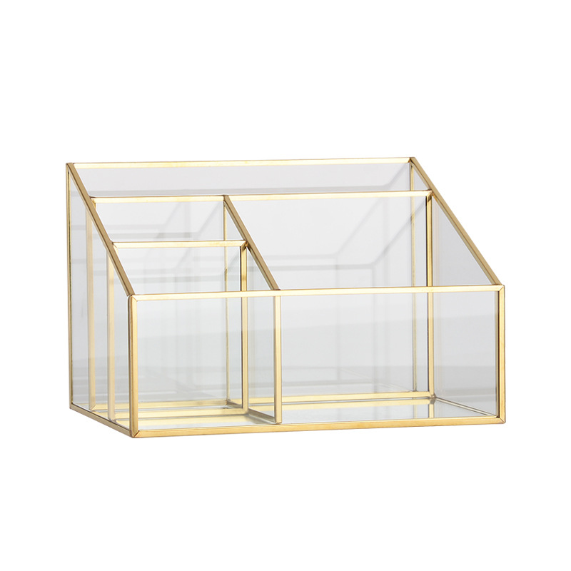 Transparent Glass Gold Storage Lattice Cosmetic Storage Jewelry Box Desktop Beauty Makeup Organizer